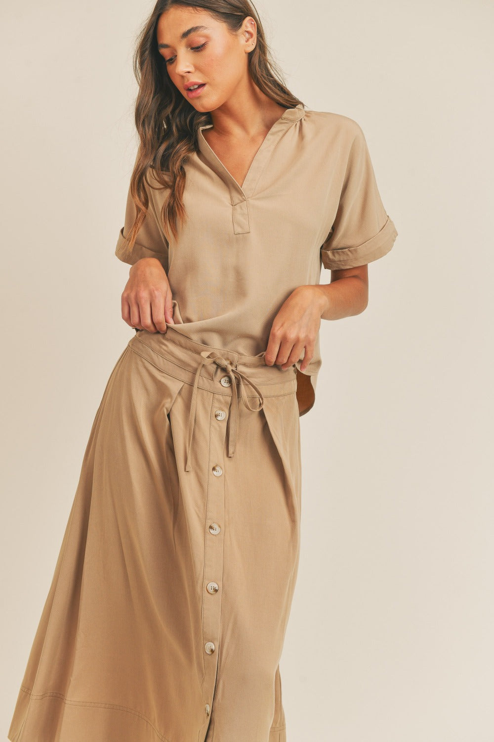 MABLE Short Sleeve Top and Button Down Midi Skirt Set